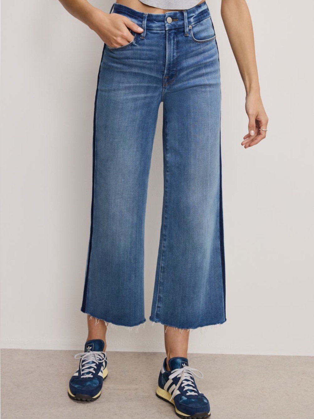 Good American Good Waist Palazzo Crop Jeans High Rise Wide Leg Raw Hem Denim